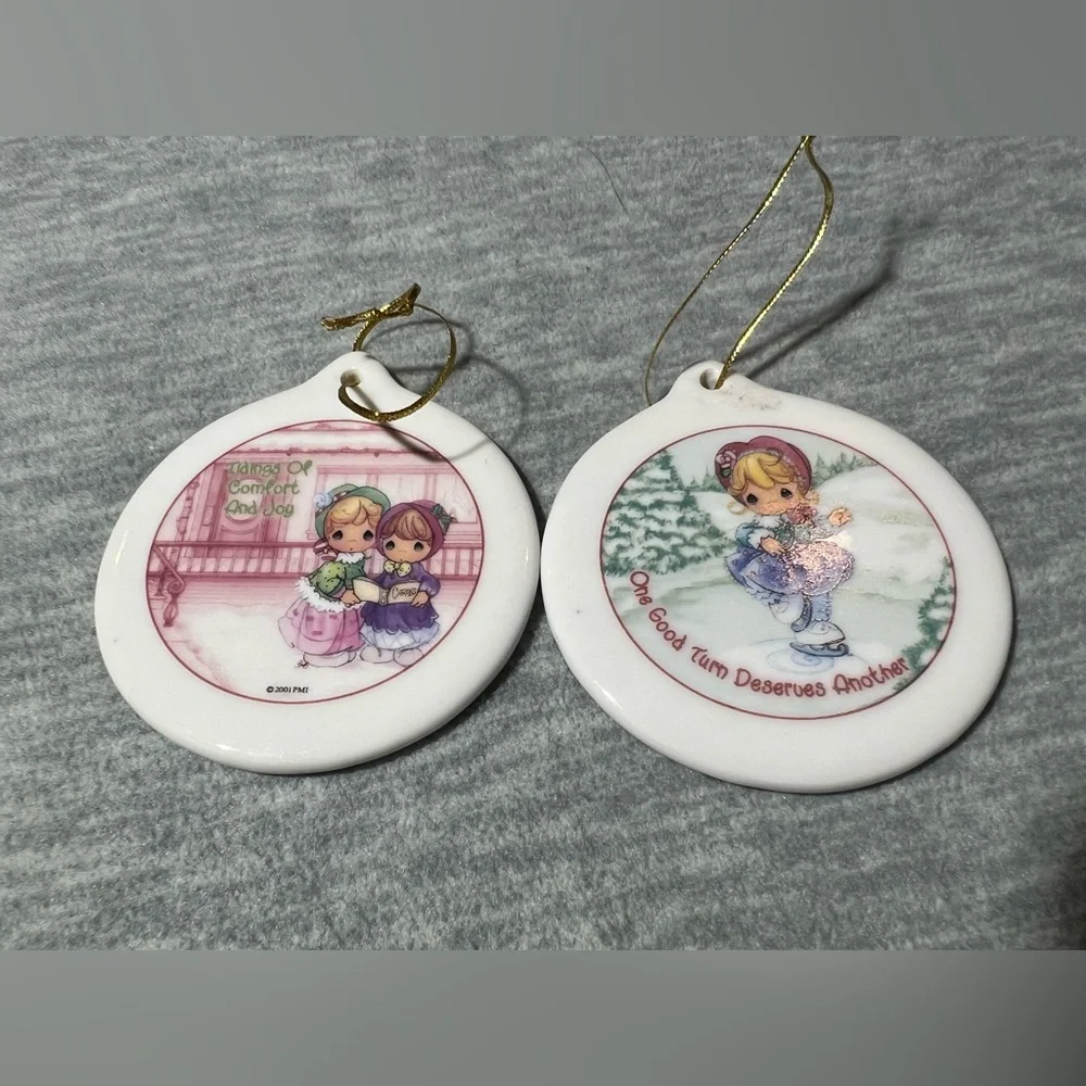 Vintage Precious Moments Christmas Remembered 2 Porcelain Holiday Ornaments 2001